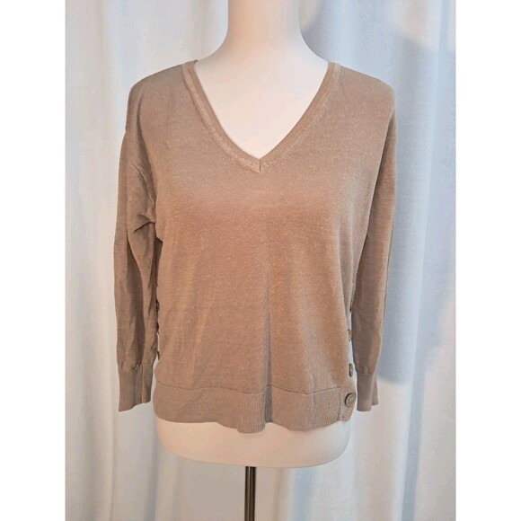 J. Crew Linen Viscose Blend V-Neck Sweater Side Buttons Light Brown Size S - Picture 1 of 11